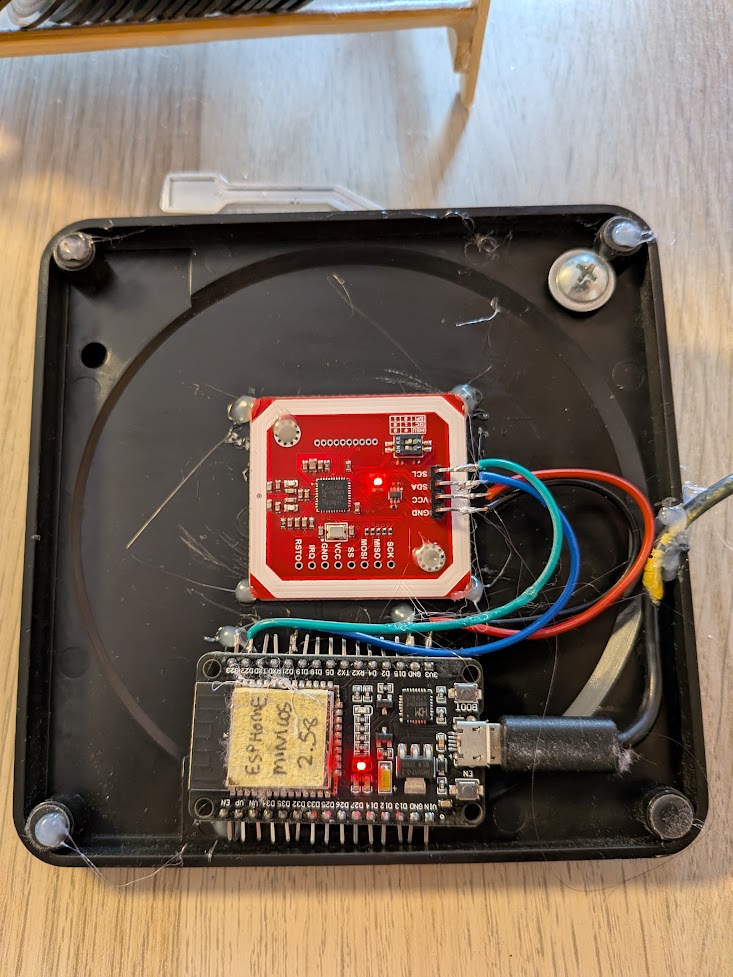 ESP32 and NFC reader concealed under the miniplayer